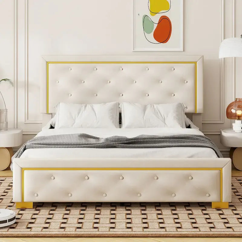 Queen Size Upholstered Platform Bed with Pull Point Headboard and Metal Wire Frame