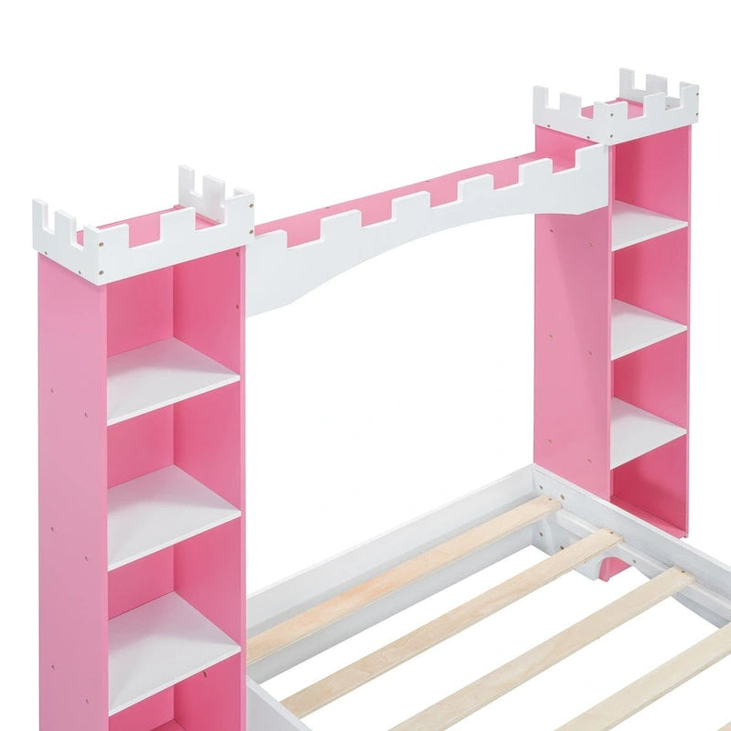 Twin Size Castle-Shaped Wooden Platform Bed with Storage Shelf for Kids Bedroom
