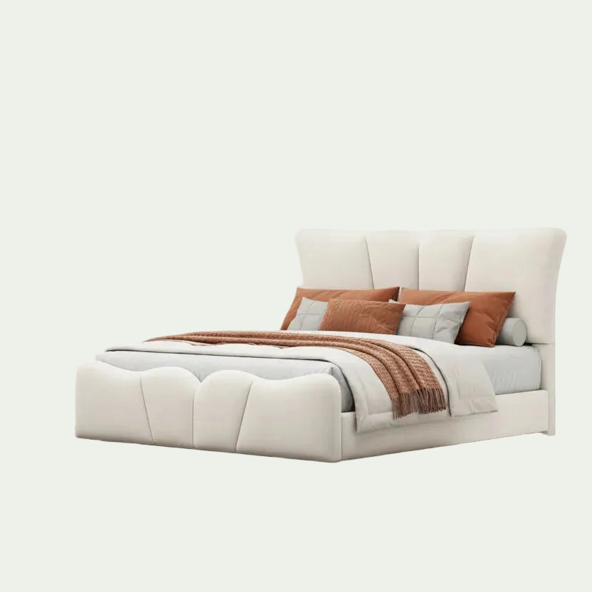 Beige Full Size Velvet Upholstered Platform Bed with Distinctive Headboard and Footboard