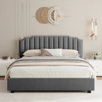 Gray Full Size Velvet Upholstered Platform Bed with Storage Space