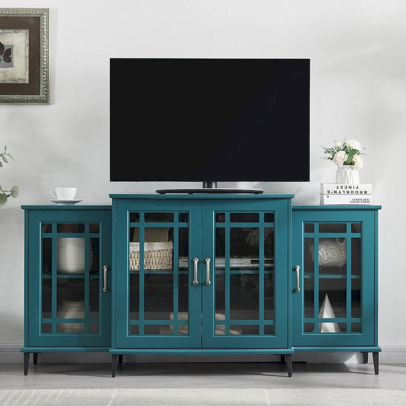 Teal Blue 62 TV Stand with Glass Doors and Shelves for Living Room