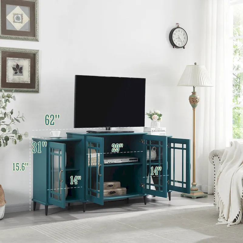 Teal Blue 62 TV Stand with Glass Doors and Shelves for Living Room