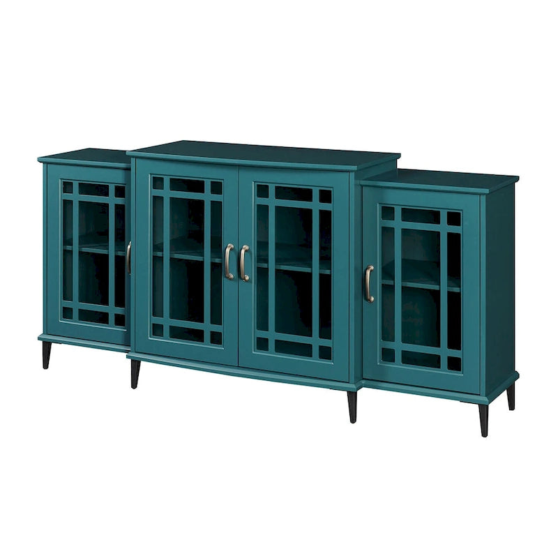 Teal Blue 62 TV Stand with Glass Doors and Shelves for Living Room