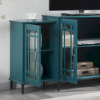 Teal Blue 62 TV Stand with Glass Doors and Shelves for Living Room