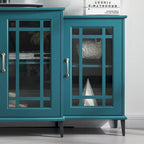 Teal Blue 62 TV Stand with Glass Doors and Shelves for Living Room