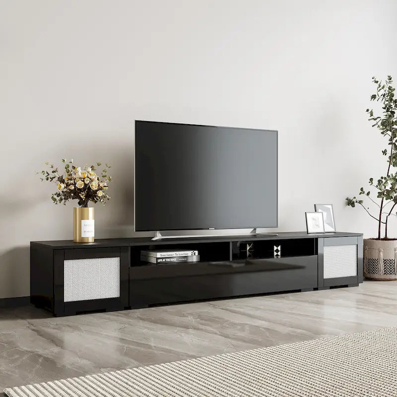 Black 82-Inch TV Stand with Push-Open Doors and LED for TVs up to 90 Inches
