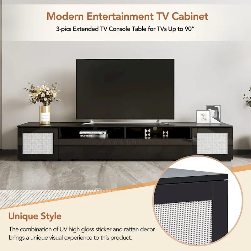 Black 82-Inch TV Stand with Push-Open Doors and LED for TVs up to 90 Inches