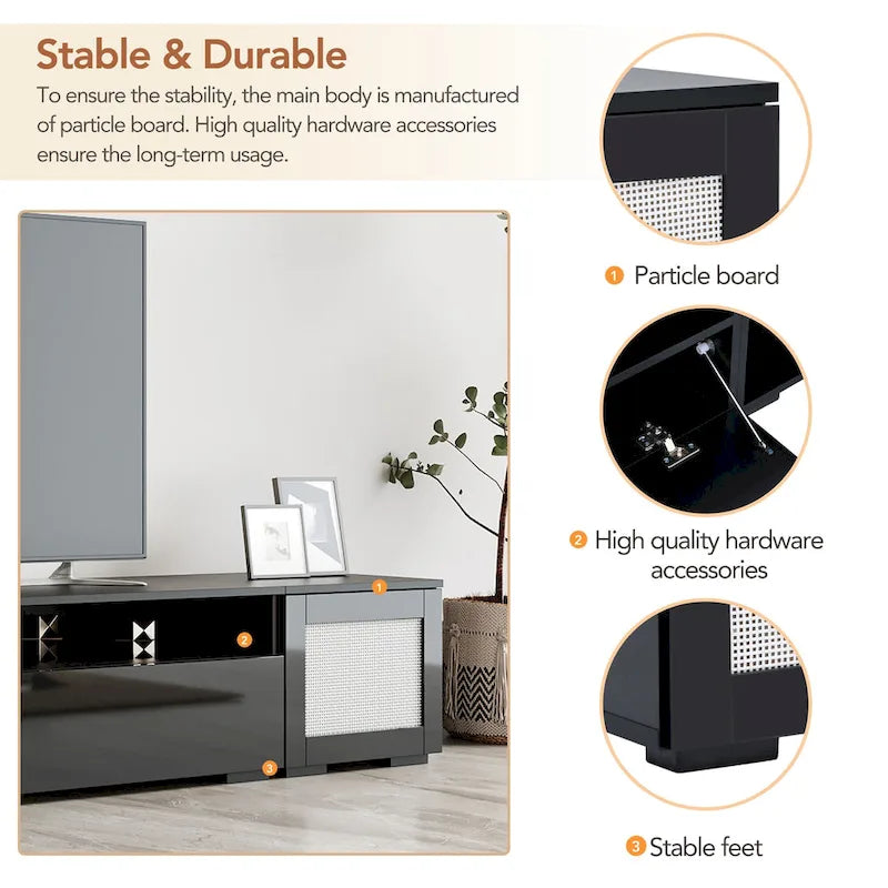 Black 82-Inch TV Stand with Push-Open Doors and LED for TVs up to 90 Inches