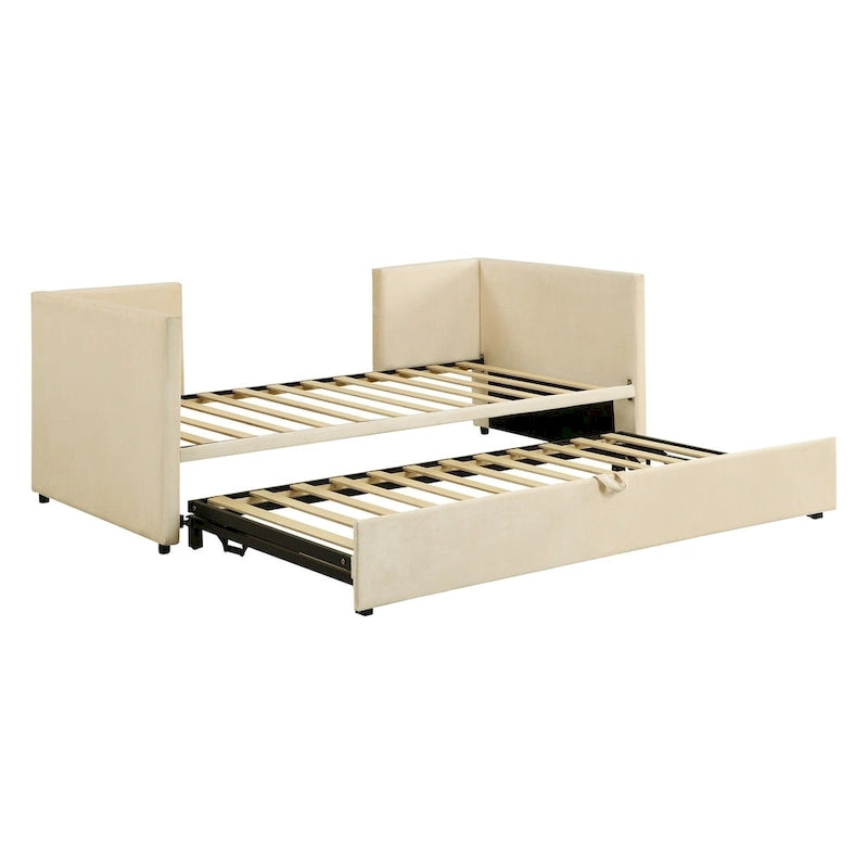Beige Upholstered Twin Daybed with Pop-Up Trundle