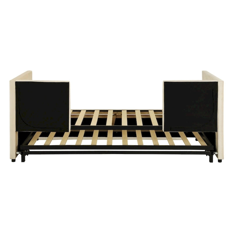 Beige Upholstered Twin Daybed with Pop-Up Trundle