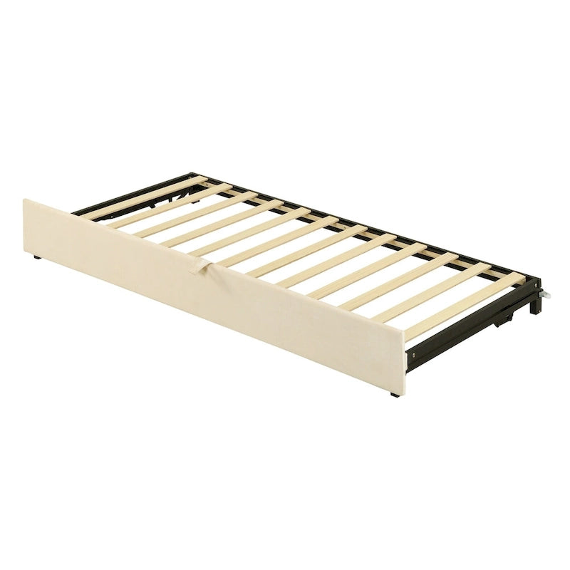 Beige Upholstered Twin Daybed with Pop-Up Trundle