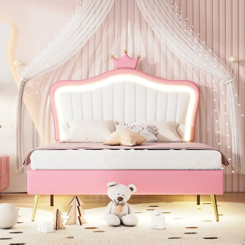 Pink Full Size LED Crown Headboard Platform Bed: Constructed with MDF, Plywood, PU, Metal, Bearing 600LBS