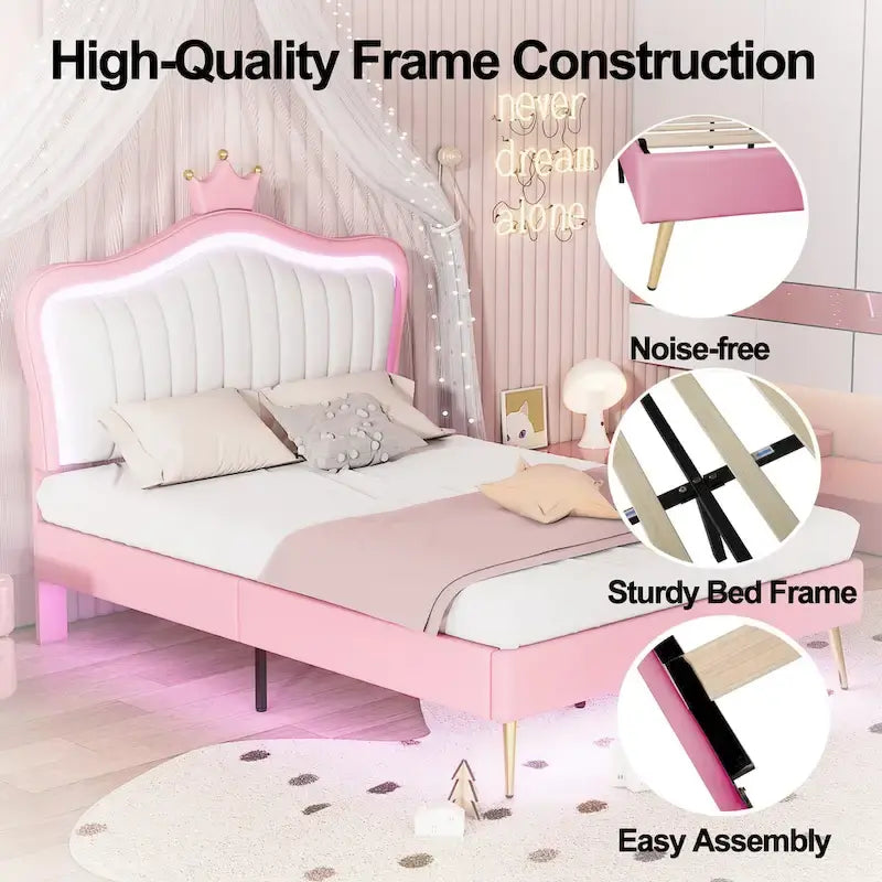 Pink Full Size LED Crown Headboard Platform Bed: Constructed with MDF, Plywood, PU, Metal, Bearing 600LBS