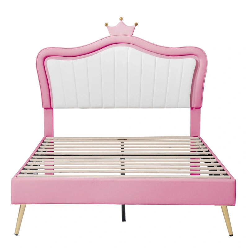 Pink Full Size LED Crown Headboard Platform Bed: Constructed with MDF, Plywood, PU, Metal, Bearing 600LBS
