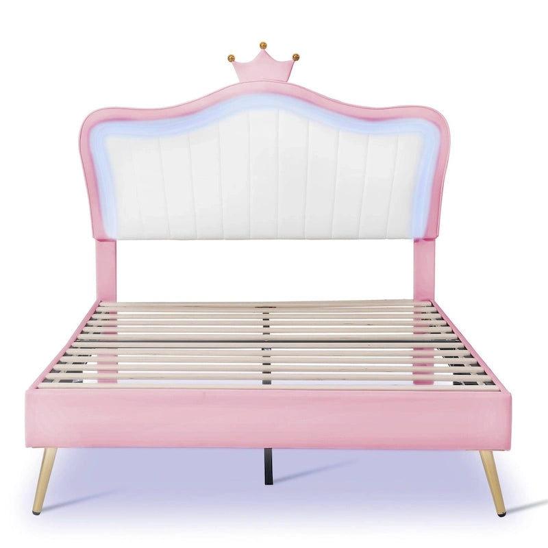 Pink Full Size LED Crown Headboard Platform Bed: Constructed with MDF, Plywood, PU, Metal, Bearing 600LBS