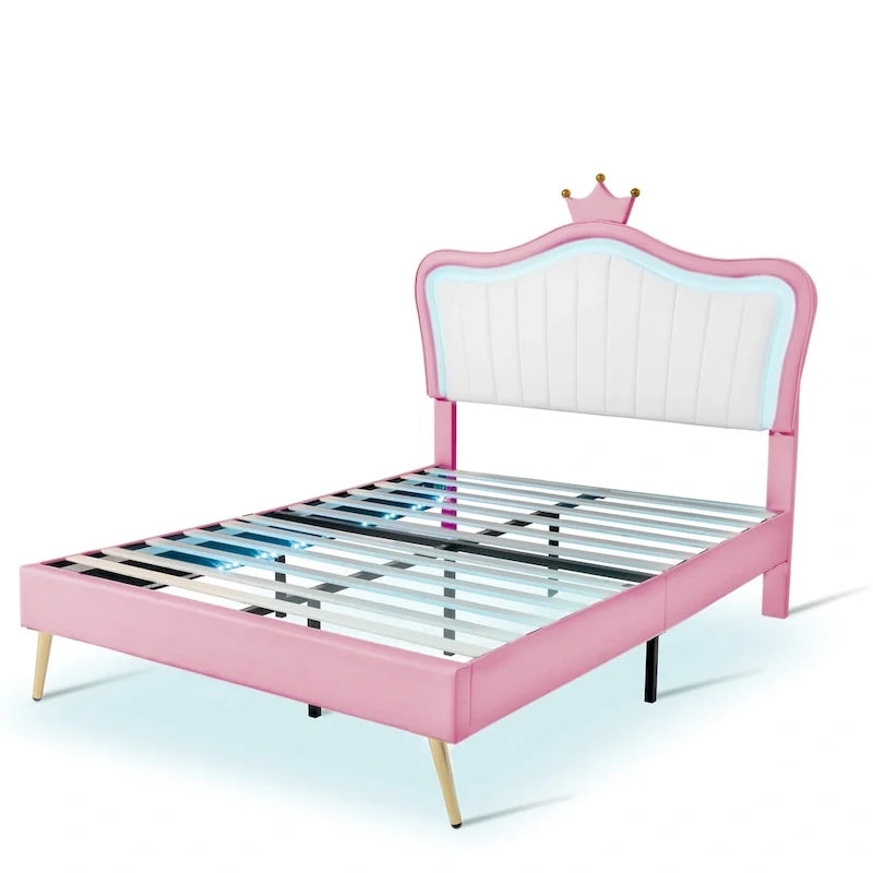 Pink Full Size LED Crown Headboard Platform Bed: Constructed with MDF, Plywood, PU, Metal, Bearing 600LBS