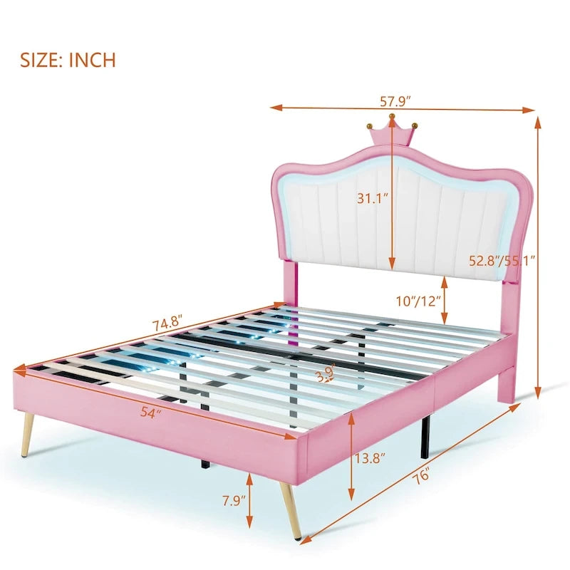 Pink Full Size LED Crown Headboard Platform Bed: Constructed with MDF, Plywood, PU, Metal, Bearing 600LBS