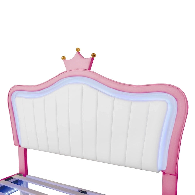 Pink Full Size LED Crown Headboard Platform Bed: Constructed with MDF, Plywood, PU, Metal, Bearing 600LBS