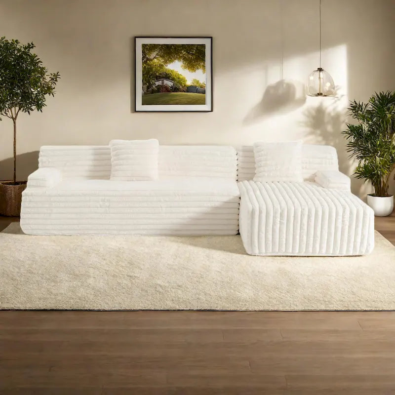 110 Faux Fur Cloud 3-Seater L-Shaped Sectional Sofa with Two Included Throw Pillows