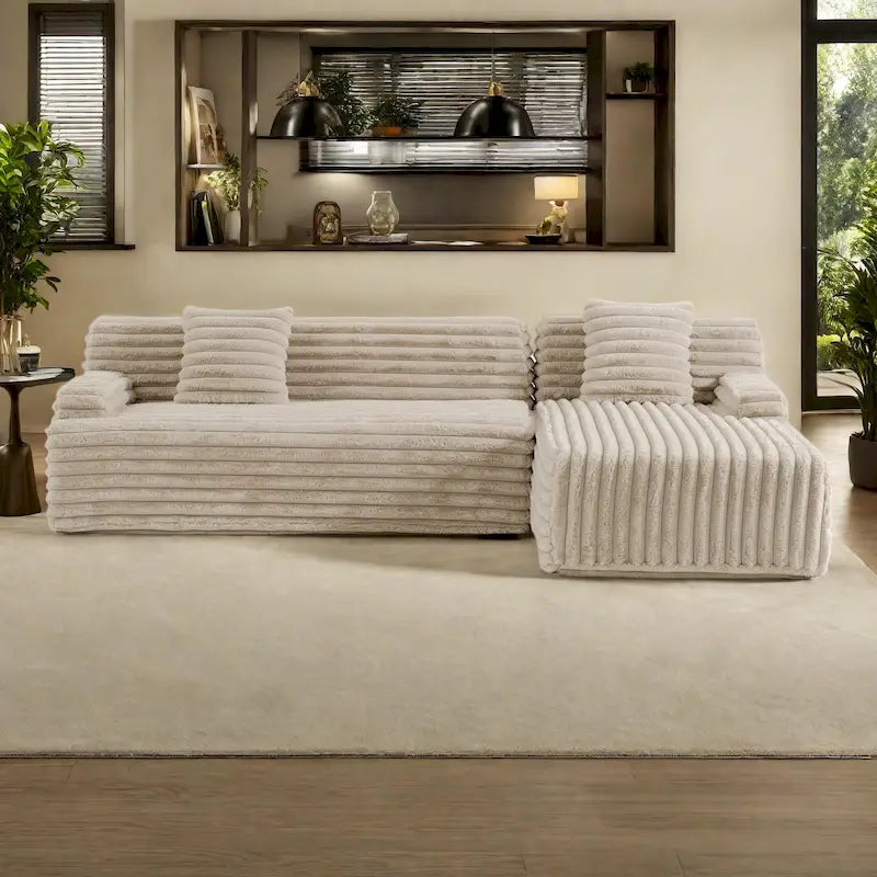 110 Faux Fur Cloud 3-Seater L-Shaped Sectional Sofa with Two Included Throw Pillows