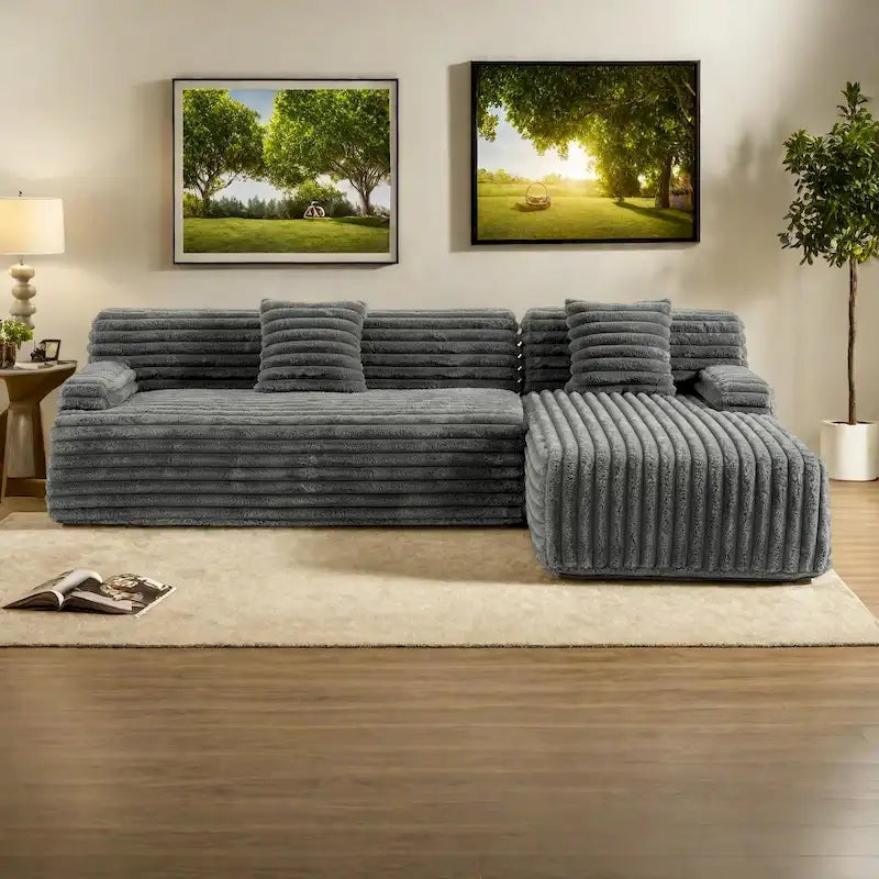 110 Faux Fur Cloud 3-Seater L-Shaped Sectional Sofa with Two Included Throw Pillows