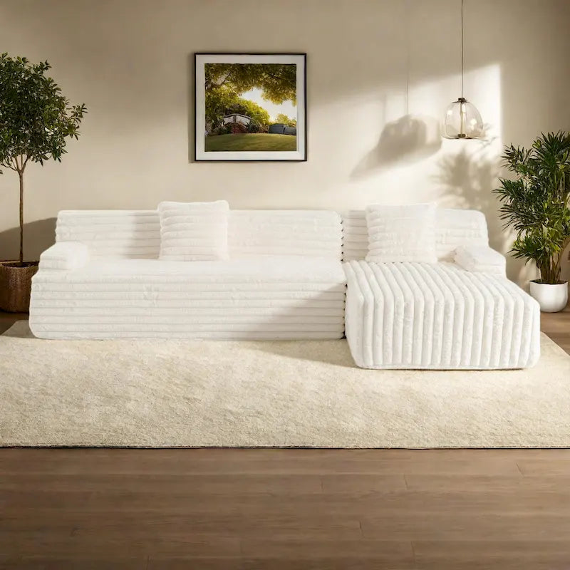 110 Faux Fur Cloud 3-Seater L-Shaped Sectional Sofa with Two Included Throw Pillows