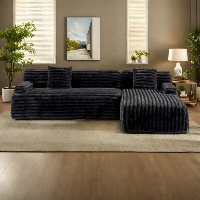 110 Faux Fur Cloud 3-Seater L-Shaped Sectional Sofa with Two Included Throw Pillows