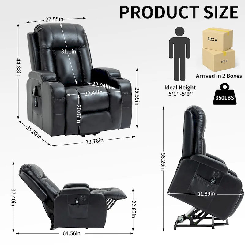 Black Elderly-Friendly Power Lift Recliner Featuring Vibration Massage, Lumbar Heating, USB Port, and Cup Holders