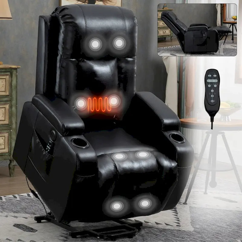 Black Elderly-Friendly Power Lift Recliner Featuring Vibration Massage, Lumbar Heating, USB Port, and Cup Holders