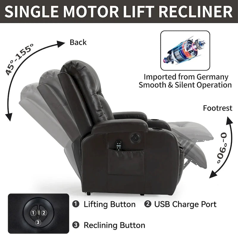 Black Elderly-Friendly Power Lift Recliner Featuring Vibration Massage, Lumbar Heating, USB Port, and Cup Holders