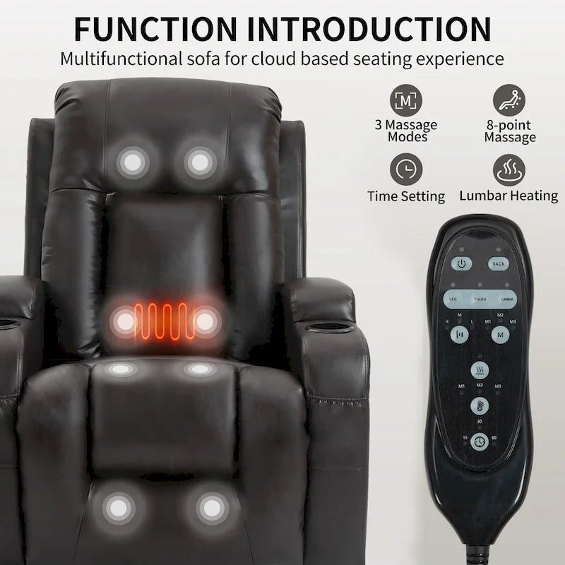 Black Elderly-Friendly Power Lift Recliner Featuring Vibration Massage, Lumbar Heating, USB Port, and Cup Holders