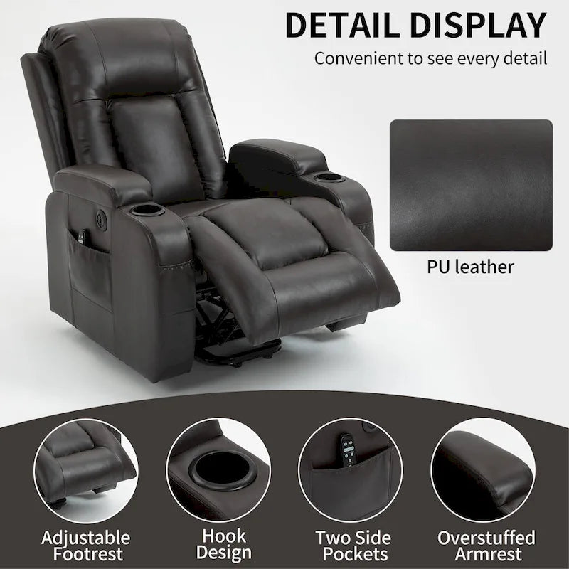 Black Elderly-Friendly Power Lift Recliner Featuring Vibration Massage, Lumbar Heating, USB Port, and Cup Holders