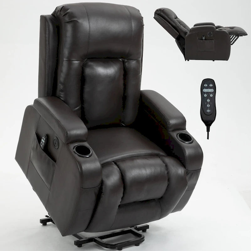 Black Elderly-Friendly Power Lift Recliner Featuring Vibration Massage, Lumbar Heating, USB Port, and Cup Holders
