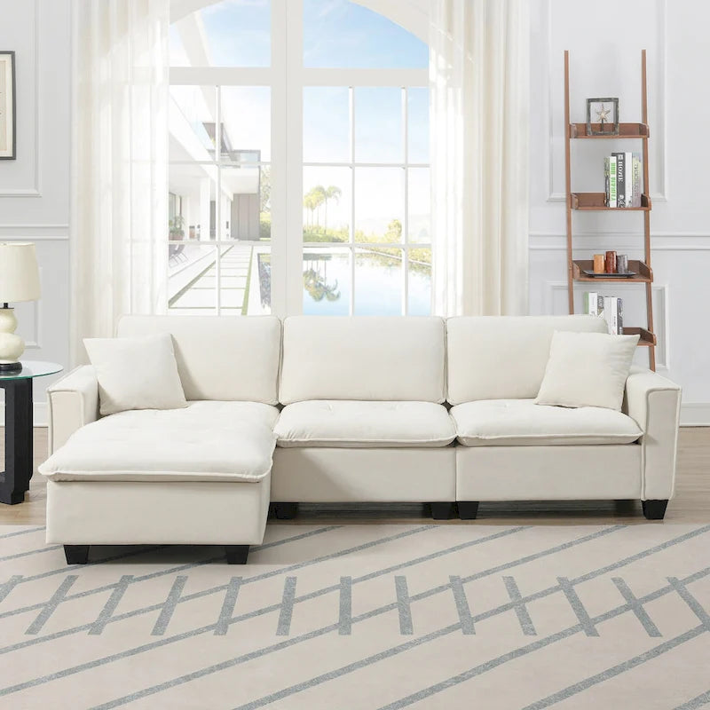 100 L-Shaped Convertible 4 Seater Sectional Sofa with Removable Ottoman and Matching Pillows, Suede Velvet Upholstery