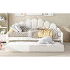 White Full Upholstery Daybed with Shell Shaped Backrest and Trundle