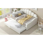 White Full Upholstery Daybed with Shell Shaped Backrest and Trundle