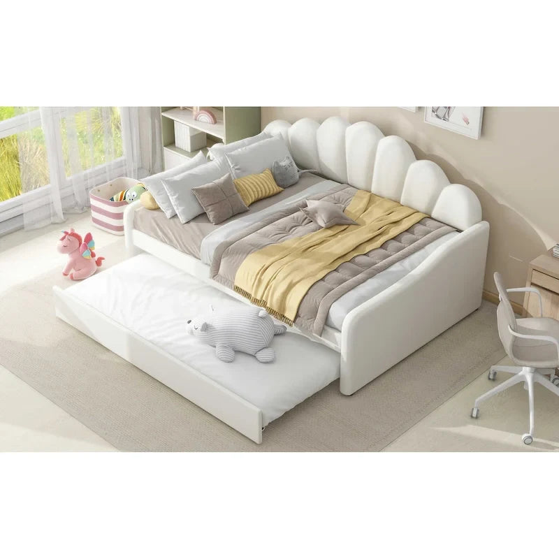 White Full Upholstery Daybed with Shell Shaped Backrest and Trundle