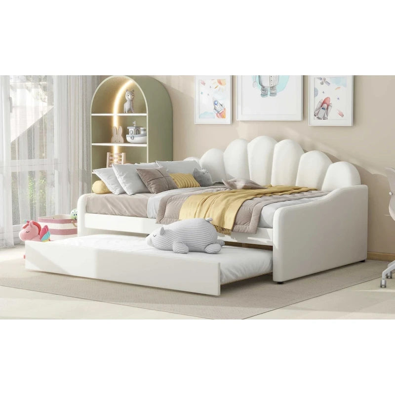 White Full Upholstery Daybed with Shell Shaped Backrest and Trundle