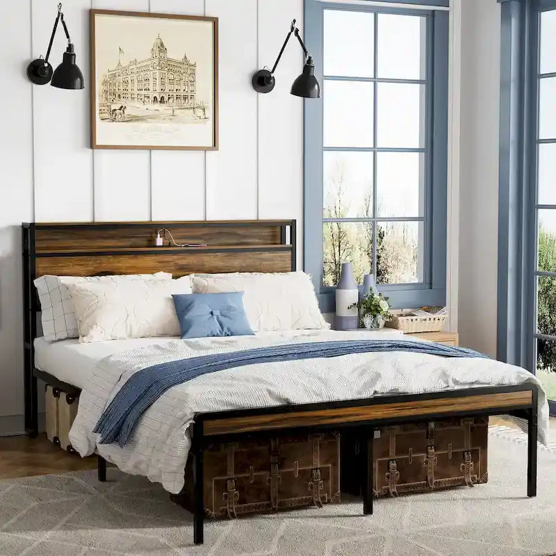 Queen Size Platform Bed with Storage Headboard, LED Light and Charging