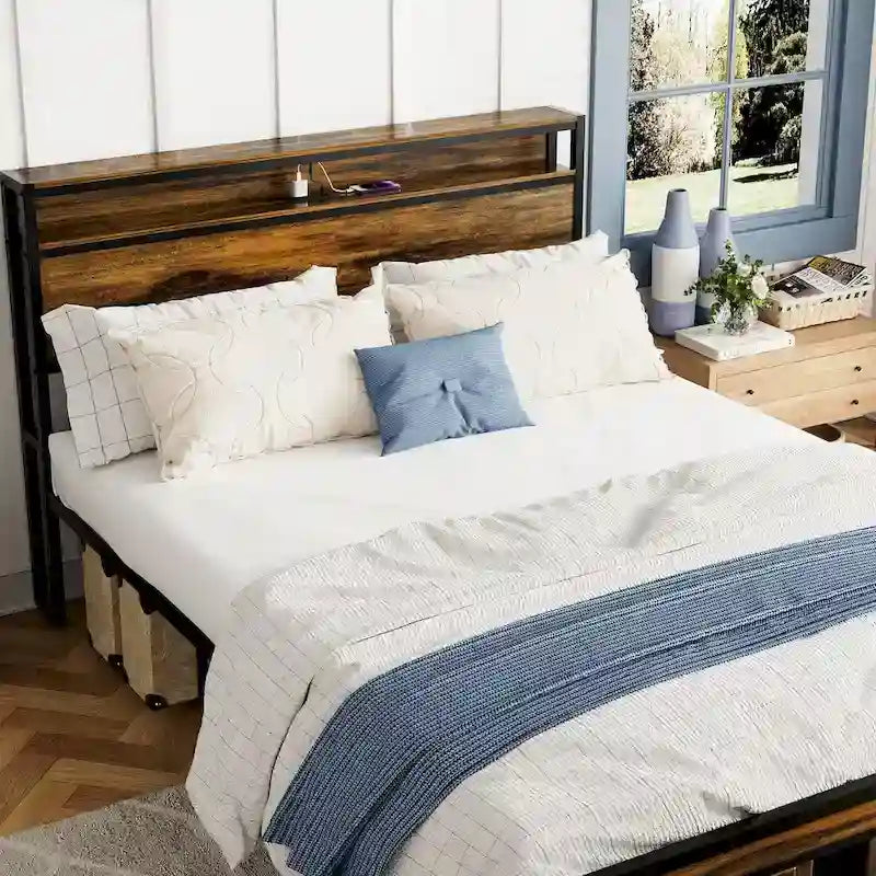 Queen Size Platform Bed with Storage Headboard, LED Light and Charging
