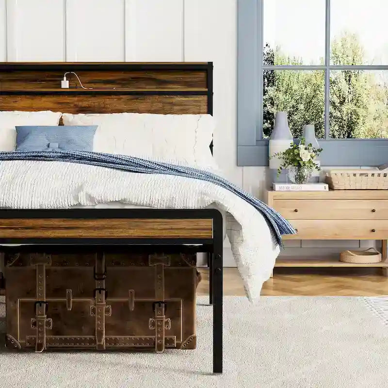 Queen Size Platform Bed with Storage Headboard, LED Light and Charging