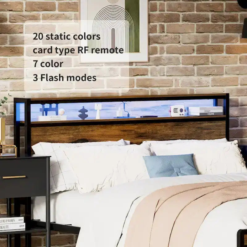 Queen Size Platform Bed with Storage Headboard, LED Light and Charging