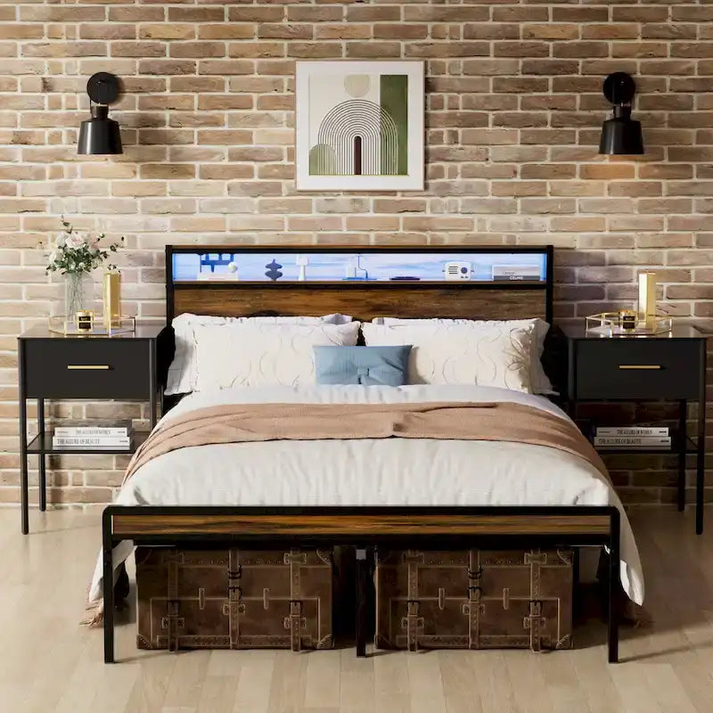 Queen Size Platform Bed with Storage Headboard, LED Light and Charging