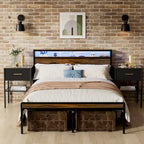 Queen Size Platform Bed with Storage Headboard, LED Light and Charging