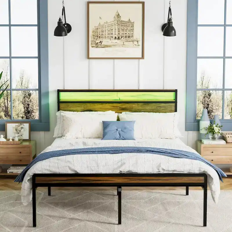 Queen Size Platform Bed with Storage Headboard, LED Light and Charging