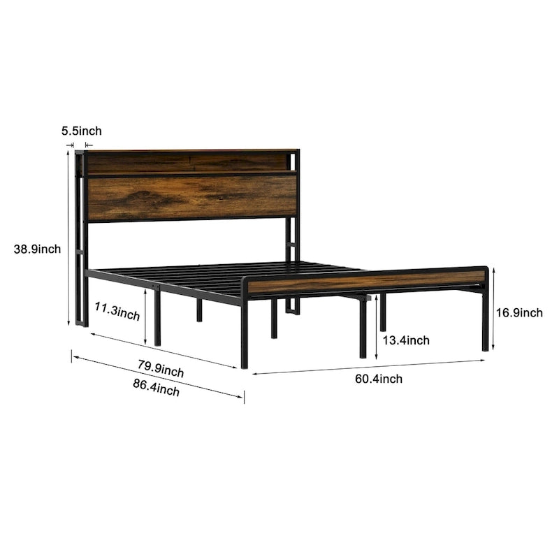 Queen Size Platform Bed with Storage Headboard, LED Light and Charging