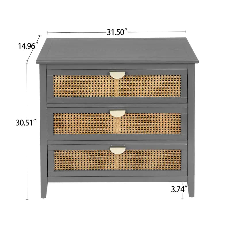 3-Drawer Bachelors Chest Cabinet with -Carved, Natural Rattan, American Furniture, Suitable for Bedroom, Living Room
