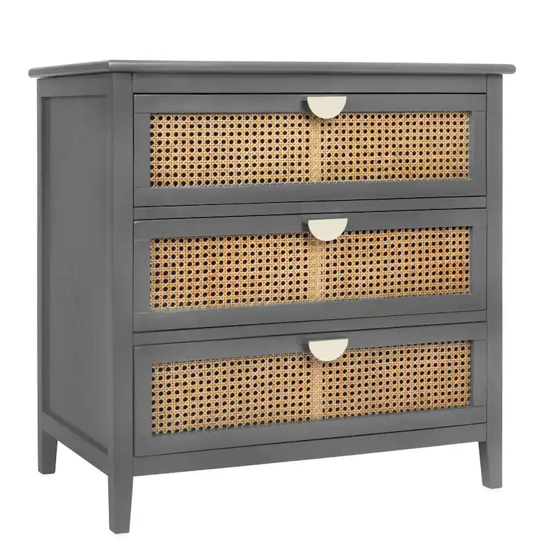 3-Drawer Bachelors Chest Cabinet with -Carved, Natural Rattan, American Furniture, Suitable for Bedroom, Living Room