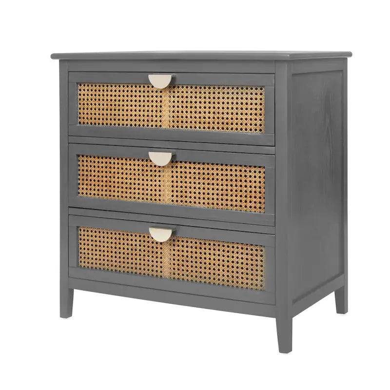 3-Drawer Bachelors Chest Cabinet with -Carved, Natural Rattan, American Furniture, Suitable for Bedroom, Living Room
