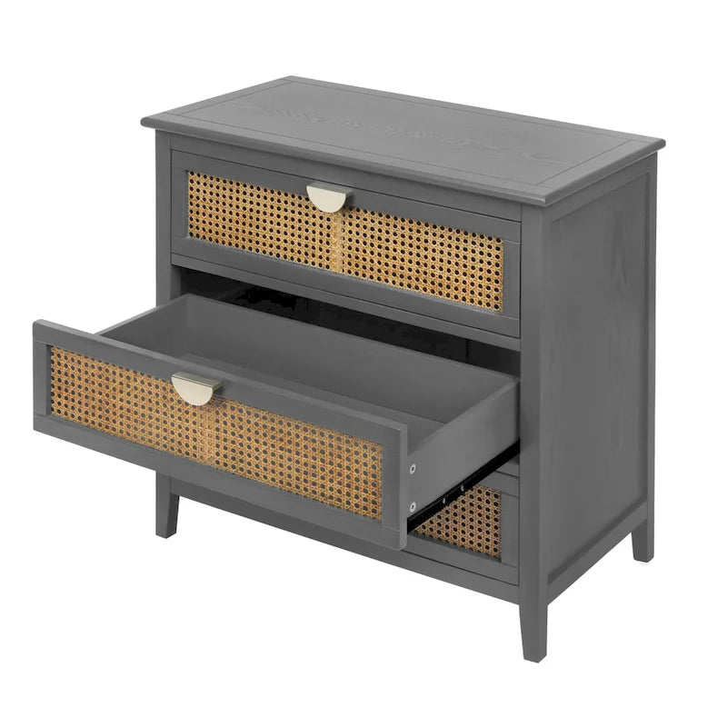 3-Drawer Bachelors Chest Cabinet with -Carved, Natural Rattan, American Furniture, Suitable for Bedroom, Living Room